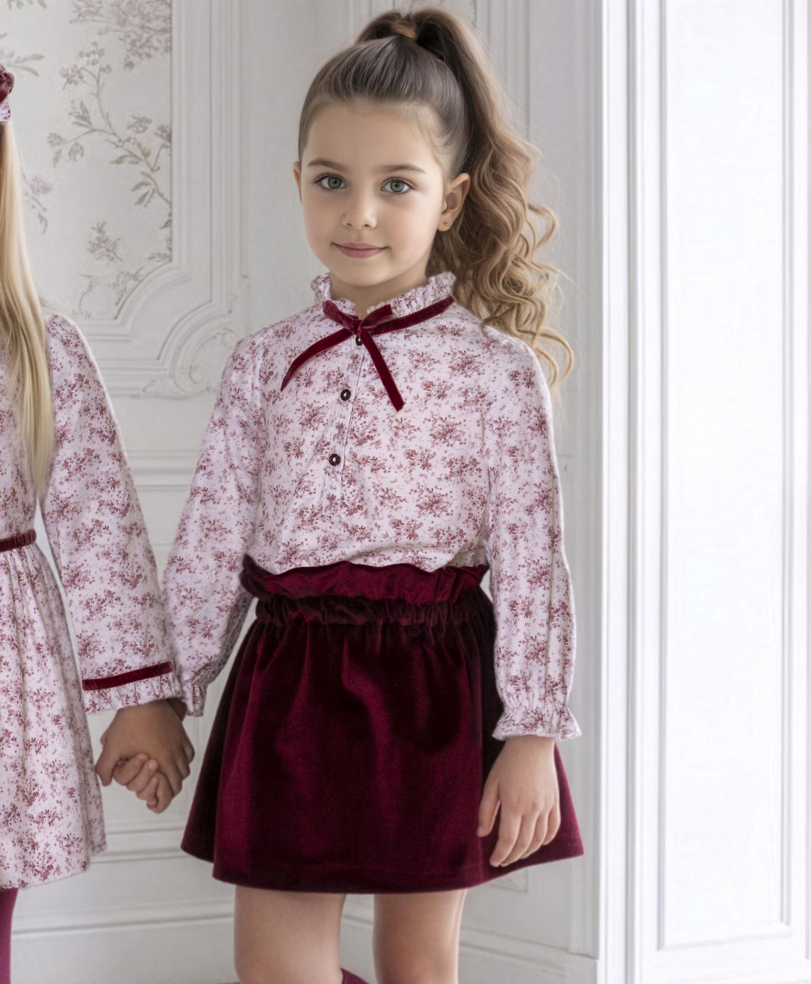 Miranda Conjunto Infantil Blusa Blanca Estampada Flores Granate Falda de terciopelo Granate "Abby Park" 0228/2F
