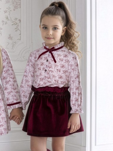 Miranda Conjunto Infantil Blusa Blanca Estampada Flores Granate Falda de terciopelo Granate "Abby Park" 0228/2F [0]