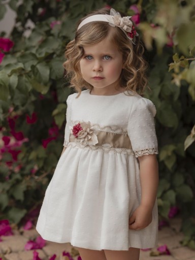 Miranda vestido infantil beige detalles crudo aplicacion floral rojo "Orion" 0228/V