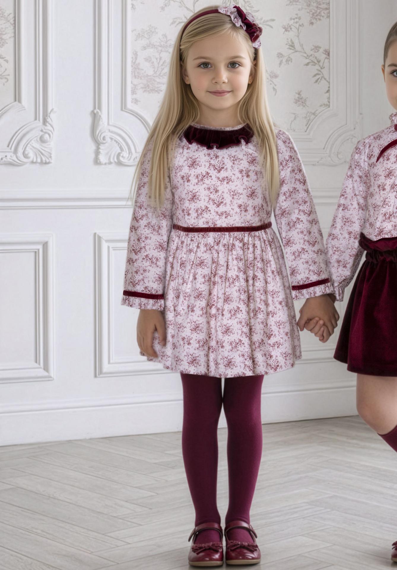 Miranda Vestido Infantil Ceremonia Blanco Estampado Flores Granate Tiras Terciopelo "Abbie Park" 0228/V