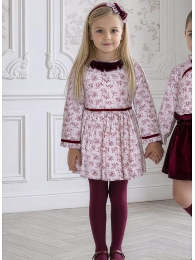 Miranda Vestido Infantil Ceremonia Blanco Estampado Flores Granate Tiras Terciopelo "Abbie Park" 0228/V [0]