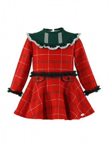 Miranda Vestido Infantil Cuadros Rojo Pieza Verde Cuello Volante Tul Verde "Atenea"  036/0229/V Rojo [1]