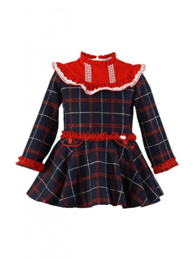 Miranda Vestido Infantil Cuadros Marino Pieza Roja Cuello Volante Tul Rojo "Atenea" 036/0229/V  Marino [1]