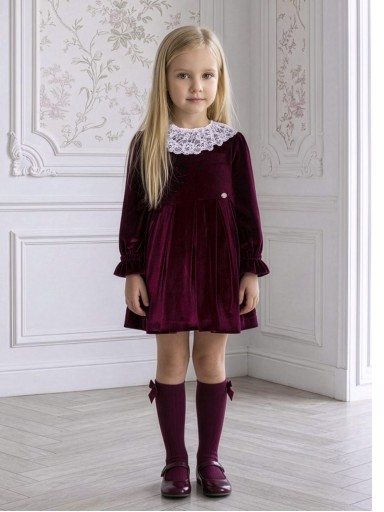 Miranda Vestido Infantil Ceremonia Terciopelo Granate Cuello Puntilla Blanco "Giselle" 0229/V [0]