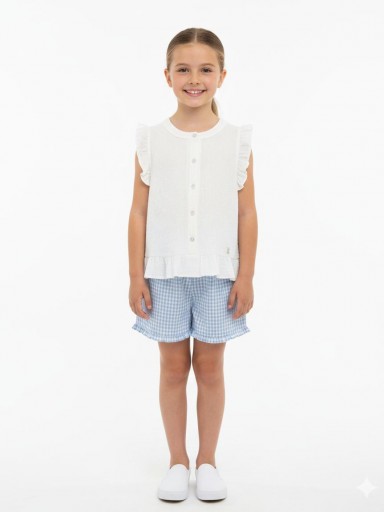 Nekenia Conjunto Infantil Blusa Plumeti Short Cuadros Vichy Verde Volante Bajo 24VC01 Celeste