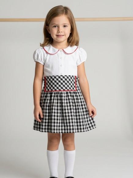 Nekenia Vestido Infantil Vuelo Cuerpo Piqué Blanco Cuello Bebé Falda Cuadros Negro sin bordado 2321807-1