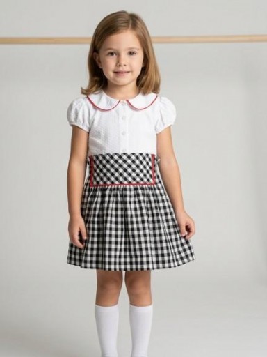 Nekenia Vestido Infantil Vuelo Cuerpo Piqué Blanco Cuello Bebé Falda Cuadros Negro  sin bordado 2321807-1 [0]