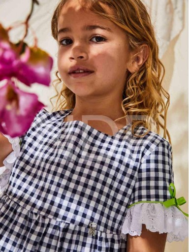 Nekenia Vestido Infantil Vuelo Cuadros Marino Tira Bordada Mangas Vivo Lazos Lima 23VV19 [1]
