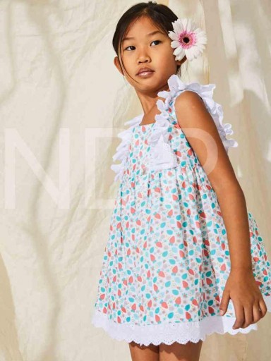 Nekenia Vestido Infantil Vuelo Estampado Floral Fresas Volantes Tira Bordada Blanco 23VV30 [2]