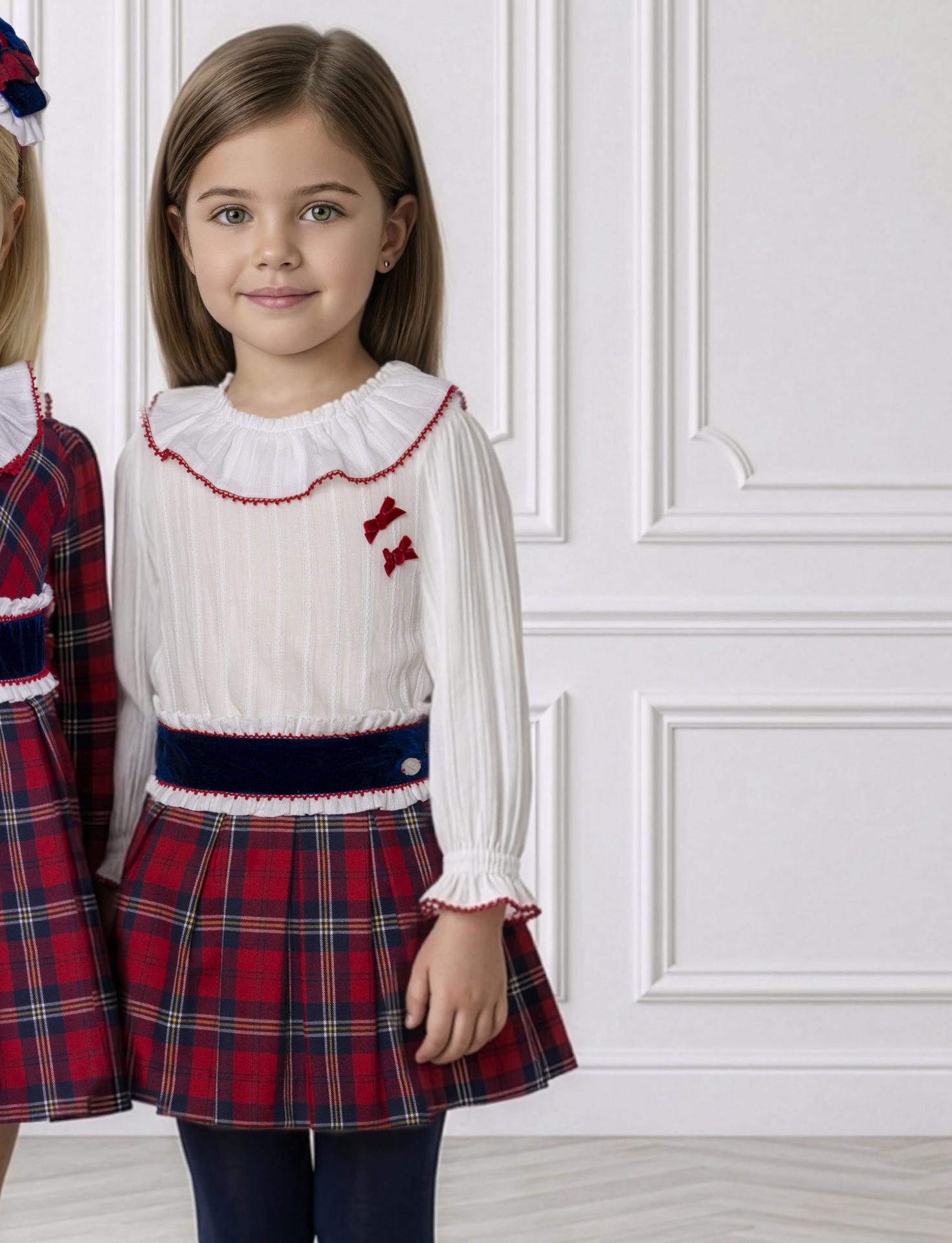 Miranda Conjunto Infantil Blusa Blanca lazadas Rojas Falda Cuadro Escoces Marino Rojo "Rapunzel" 0230/2F