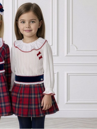 Miranda Conjunto Infantil Blusa Blanca lazadas Rojas Falda Cuadro Escoces Marino Rojo "Rapunzel" 0230/2F [0]