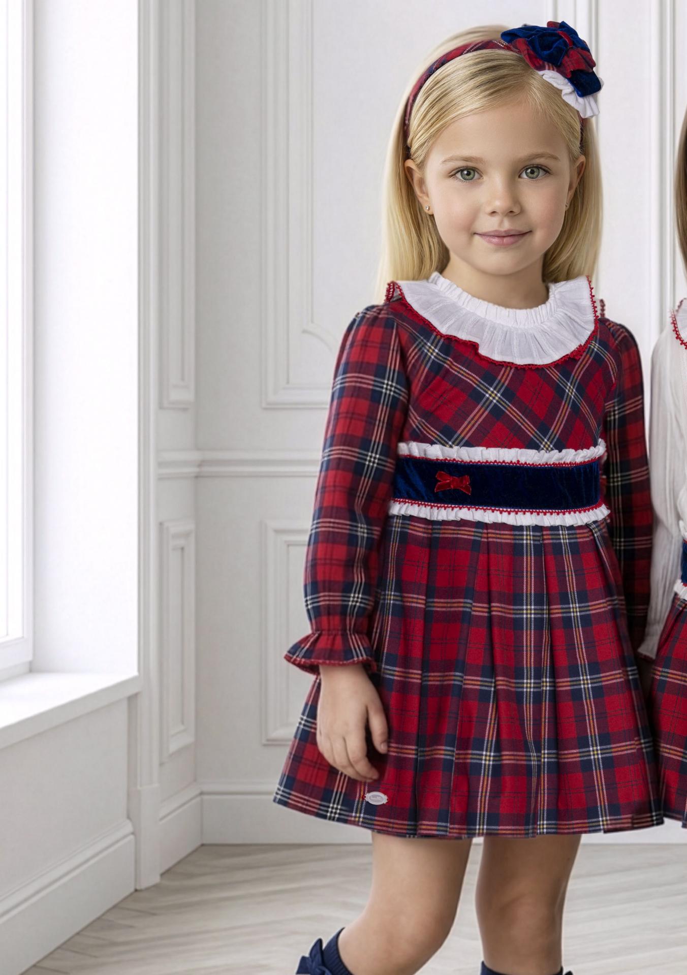 Miranda Vestido Infantil Cuadro Escoces Rojo Pieza Marino Terciopelo Delantero Cuello Blanco "Rapunzel" 0230/V