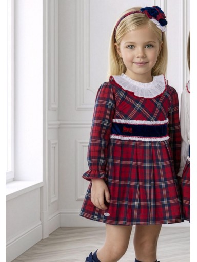 Miranda Vestido Infantil Cuadro Escoces Rojo Pieza Marino Terciopelo Delantero Cuello Blanco "Rapunzel" 0230/V [0]
