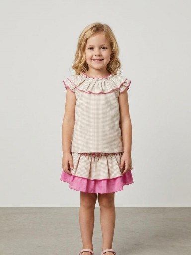 Daniesty Conjunto Infantil Falda Volantes  Cuadro Vichy y Rosa Blusa Cuadro Vichy Familia Dulce  014 [0]