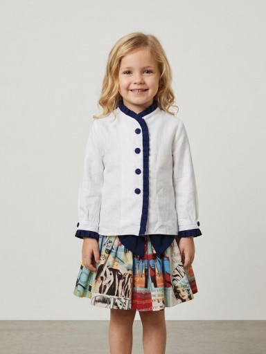 Daniesty Conjunto Blusa Blanca Detalles Marino Falda Estampado Multicolor