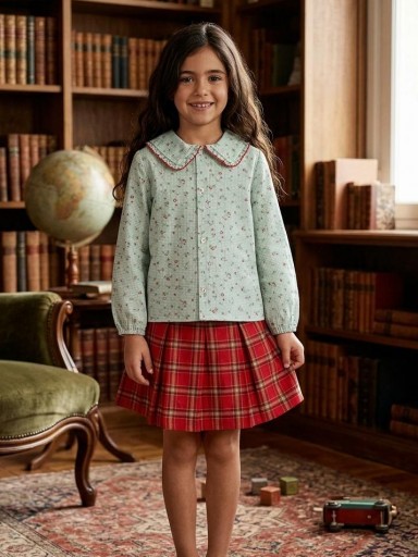 Daniesty Conjunto infantil Camisa Cuadro Vichy Verde Flores Falda Cuadros Rojo Familia Noel 014 [0]