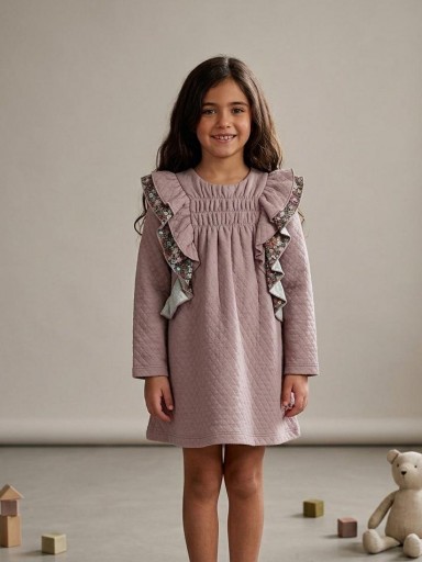 Daniesty Vestido Evase Cloque Rosa Volante Estampado flores Familia Azuzena 002 [0]