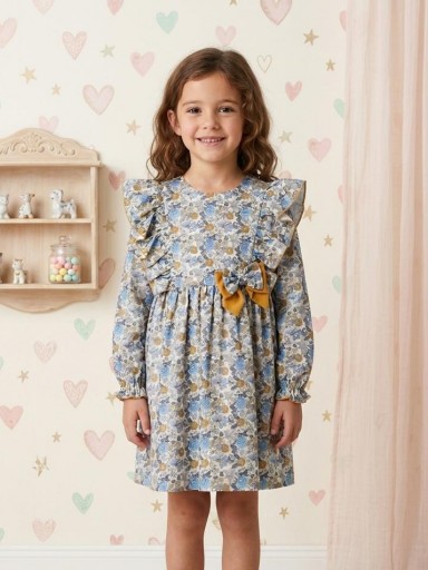 Daniesty  Vestido Vuelo Estampado Flores Azules Lazada Amarilla Familia Fiona 002 [0]