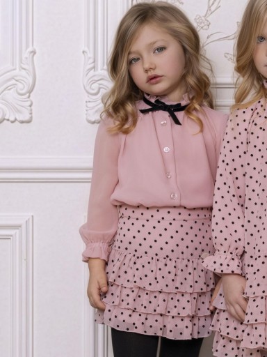Miranda Conjunto Infantil Blusa Rosa Lazada Terciopelo  Falda Volantes Rosa Topos Negros "Vanellope" 0232/2F [0]