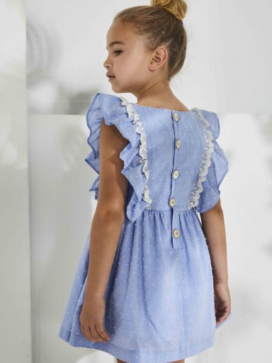 Nekenia Vestido Infantil Plumeti Celeste Volante Bordado Floral Cuerpo Gomas Botones Espalda 2321818 [1]