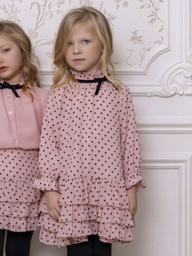 Miranda Vestido Infantil Rosa Topos Negros Evasé 3 Volantes Lazada Cuello "Vanellope" 0232/V [0]
