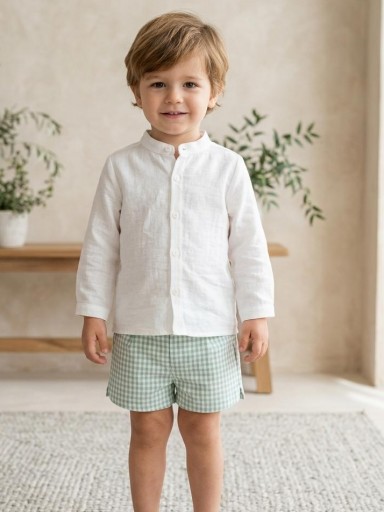 Vera by Nekenia Conjunto  Bébe Camisa Blanca Cuello Mao Pantalón Corto Cuadro Vichy Verde 24VP11 [0]