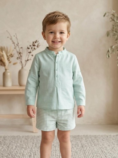 Vera by Nekenia Conjunto  Bébe Camisa Verde Cuello Mao Pantalón Corto Cuadro Vichy Verde 24VP11 [0]