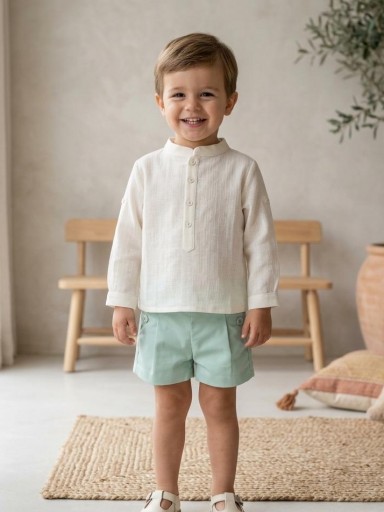 Vera by Nekenia Conjunto  Bébe Camisa Beig Cuello Mao Pantalón Corto Verde 2421501 [0]