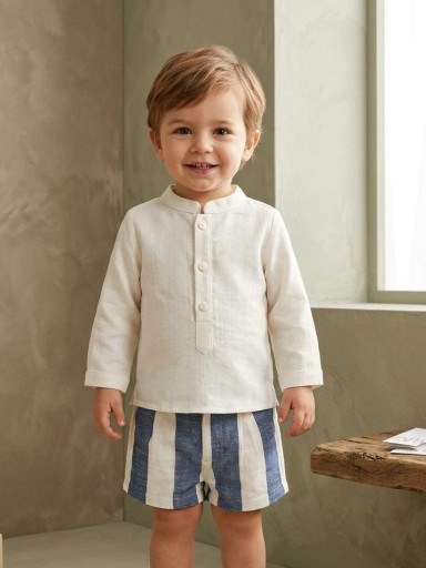 Vera by Nekenia Conjunto  Bébe Camisa Beig Cuello Mao Pantalón Corto Rayas Azul 24VB09 [0]