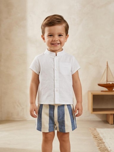 Vera by Nekenia Conjunto  Bébe Camisa Blanca Manga Corta Cuello Mao Pantalón Corto Rayas Azul 24VP09 [0]