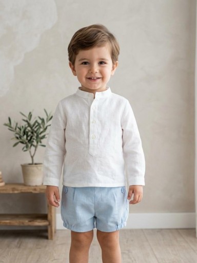  Nekenia Conjunto  Bébe Camisa Blanca Manga Larga Cuello Mao Pantalón Corto Azul 2421116 [0]