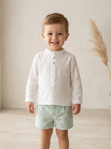 Vera by Nekenia Conjunto  Bébe Camisa Blanca Plumeti Cuello Mao Pantalón Corto Cuadro Vichy Verde 24VP11 [0]