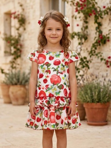 Miranda vestido Infantil m/c Falda Volantes Estampado Flores y Frutas "Flor de Pascua" 0601/V [0]