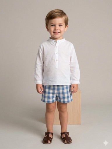 Nekenia Conjunto Bebé Camisa M/L Plumeti Blanco Pantalon Corto Cuadros 24VC19 Azul