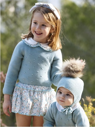 Juliana Vistiendo Bebés Conjunto Braguita Sobrefalda Flores Jersey Azul Punto Cuellos "Aura" 26607 [3]
