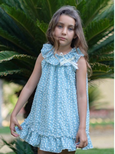 Nekenia Vestido Infantil Evasé Azul Bordado Cuello Volante Lazada Crudo 24VV15