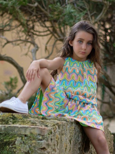 Nekenia Vestido Infantil Multicolor Calado Forro Goma en Cintura 24VV19