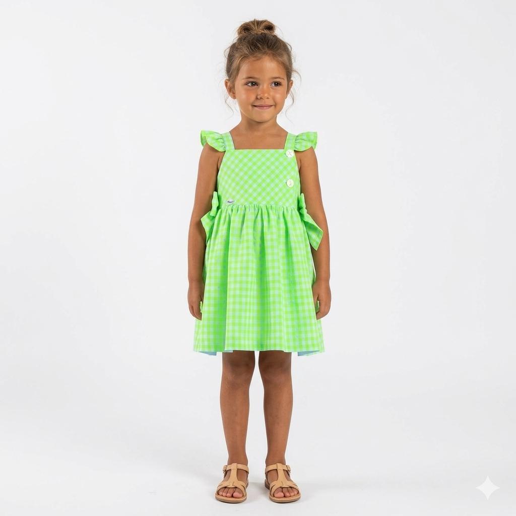 Miranda Vestido Infantil Cuadro Vichi verde Fluor "Bugandilla" 0614/V