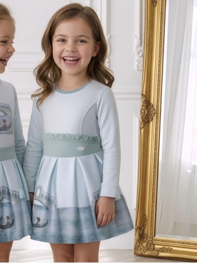Miranda Vestido Infantil  Estampado Góndolas y Puentes Pieza con Volante en la Cintura "Lilo" 0236V [0]