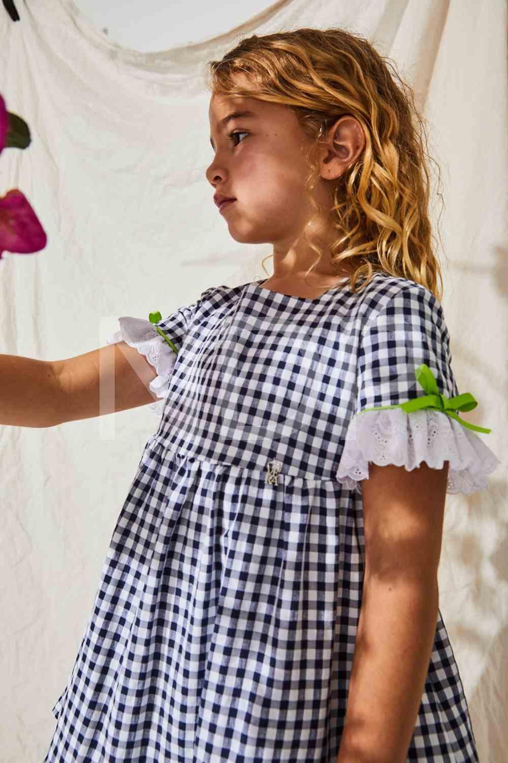 Nekenia Vestido Infantil Vuelo Cuadros Marino Tira Bordada Mangas Vivo Lazos Lima 23VV19