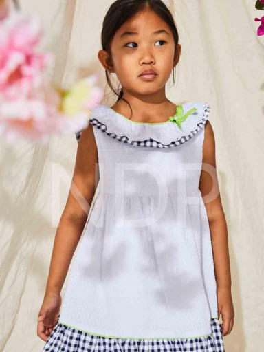 Nekenia Vestido Infantil Piqué Blanco Volantes Cuadros Marino Vivo Verde Lima 23VV20 [0]