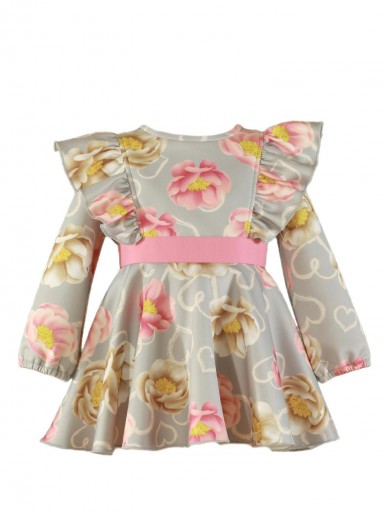 Miranda Vestido Infantil Gris Estampado Flores y Corazones Volante Hombros "Persefone" 036/0241/V [1]