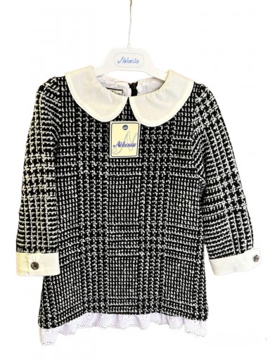  Nekenia Vestido Infantil Pata de Gallo Negro Cuello Camisero Tira bordada Blanco 2411802 [1]