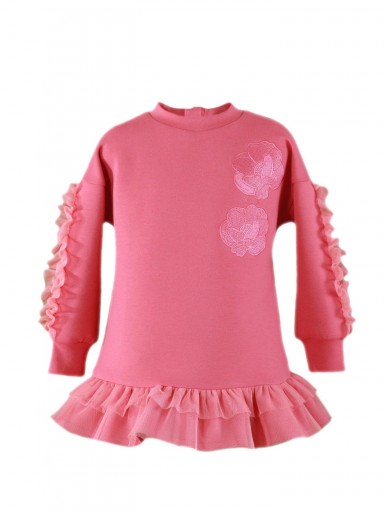 Miranda Vestido Infantil Evasé Rosa Oscuro Bordado Flores Volantes Tul Mangas "Ilitía" 036/0242/V [1]