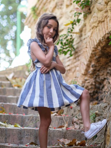 Nekenia Vestido Infantil Vuelo Rayas Azul Tirantes Volante Cruzados Espalda 24VV26 [0]