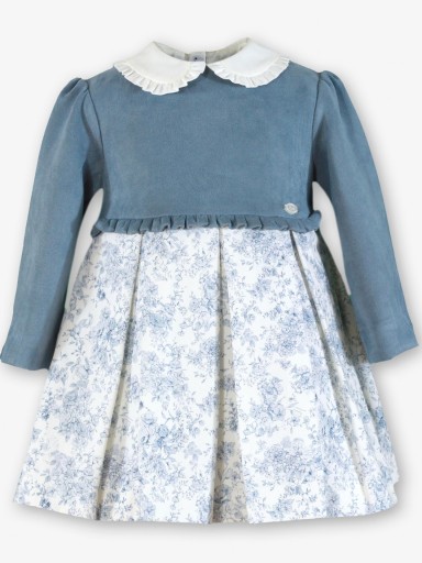 Miranda Vestido Infantil Ceremonia Cuerpo Antelina Azul Falda Tablas Blanca Estampado Flores Azul "Blancanieves" 0243/V [1]
