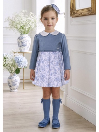 Miranda Vestido Infantil Ceremonia Cuerpo Antelina Azul Falda Tablas Blanca Estampado Flores Azul "Blancanieves" 0243/V [0]