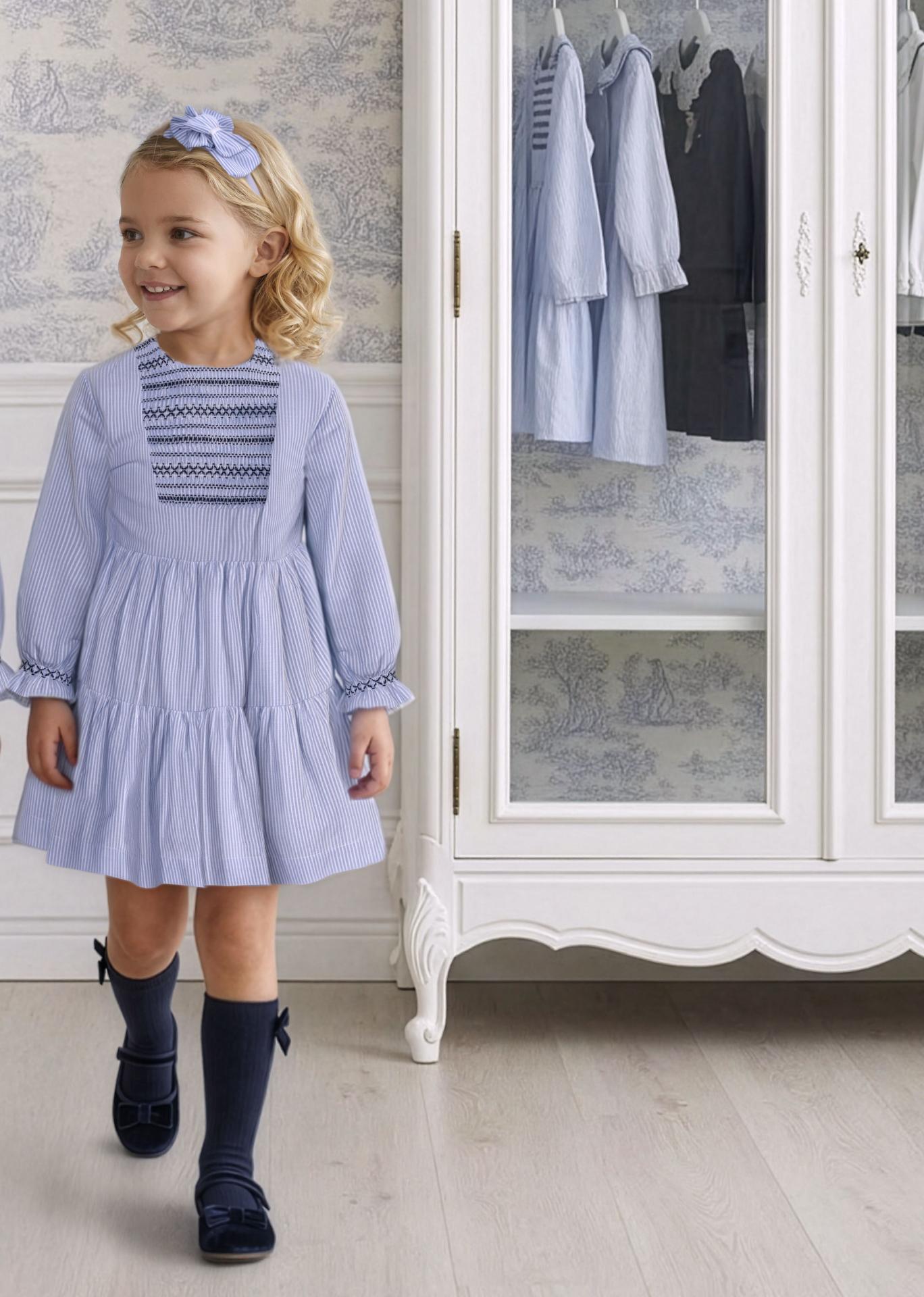 Miranda Vestido Infantil Rayas Azules Nido de Abeja "Lottie" 0244/V
