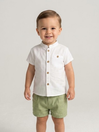 Nekenia Conjunto Bébe Camisa Blanca m/c Pantalón Corto verde Oliva 2321107 [0]