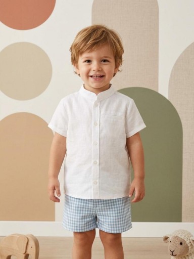 Vera by Nekenia Conjunto  Bébe Camisa Blanca m/c Cuello Mao Pantalón Corto Cuadro Vichy Azul 24VP11 [0]